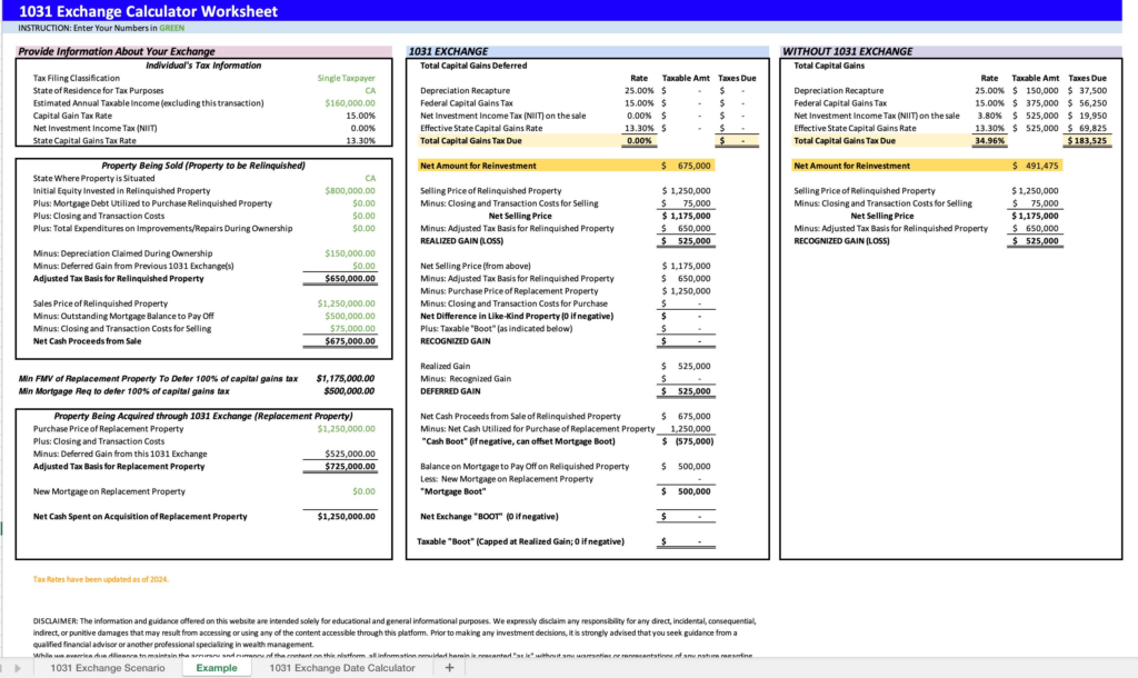 1031 Exchange Calculator Excel: Compare 1031 Exchange Rules & Without 1031 Exchange Scenario |Includes Depreciation Recapture, Capital Gains