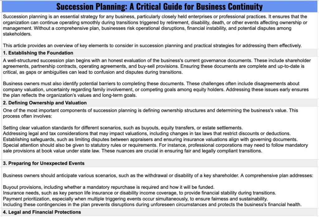 Strategic Succession Planning: Securing the Future of Your Closely Held Business