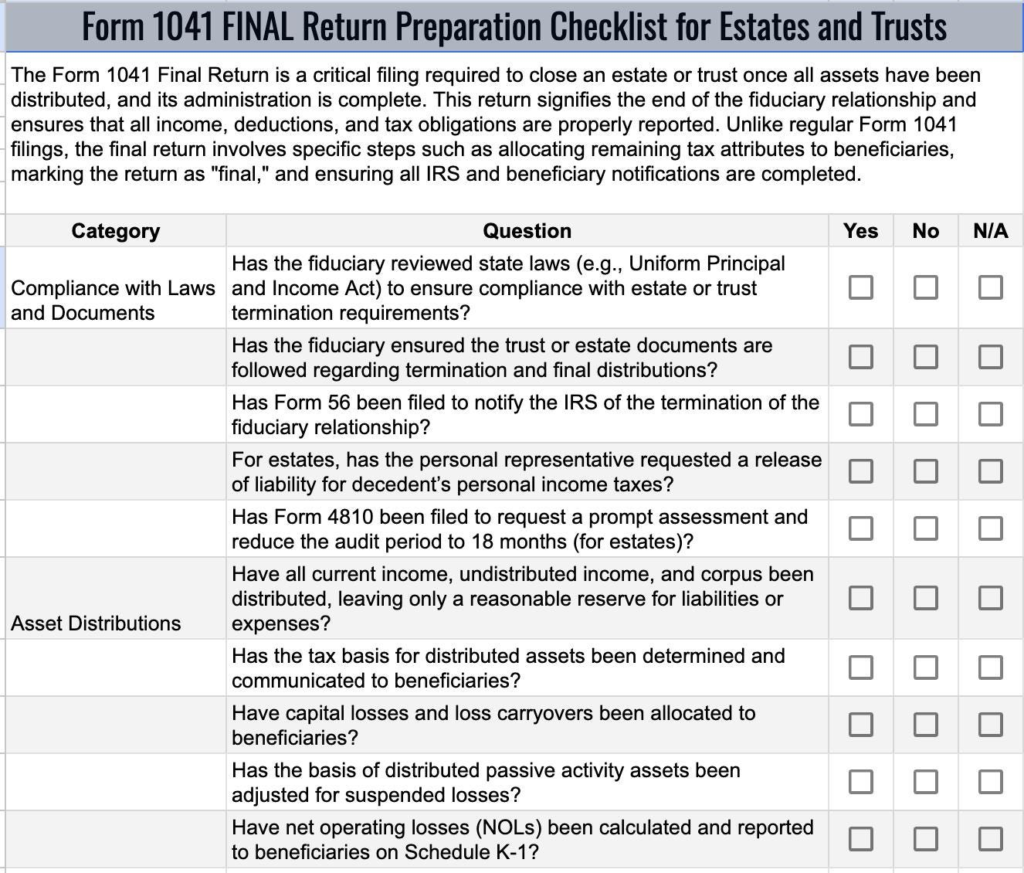 Form 1041 FINAL Return Preparation Checklist for Estates and Trusts