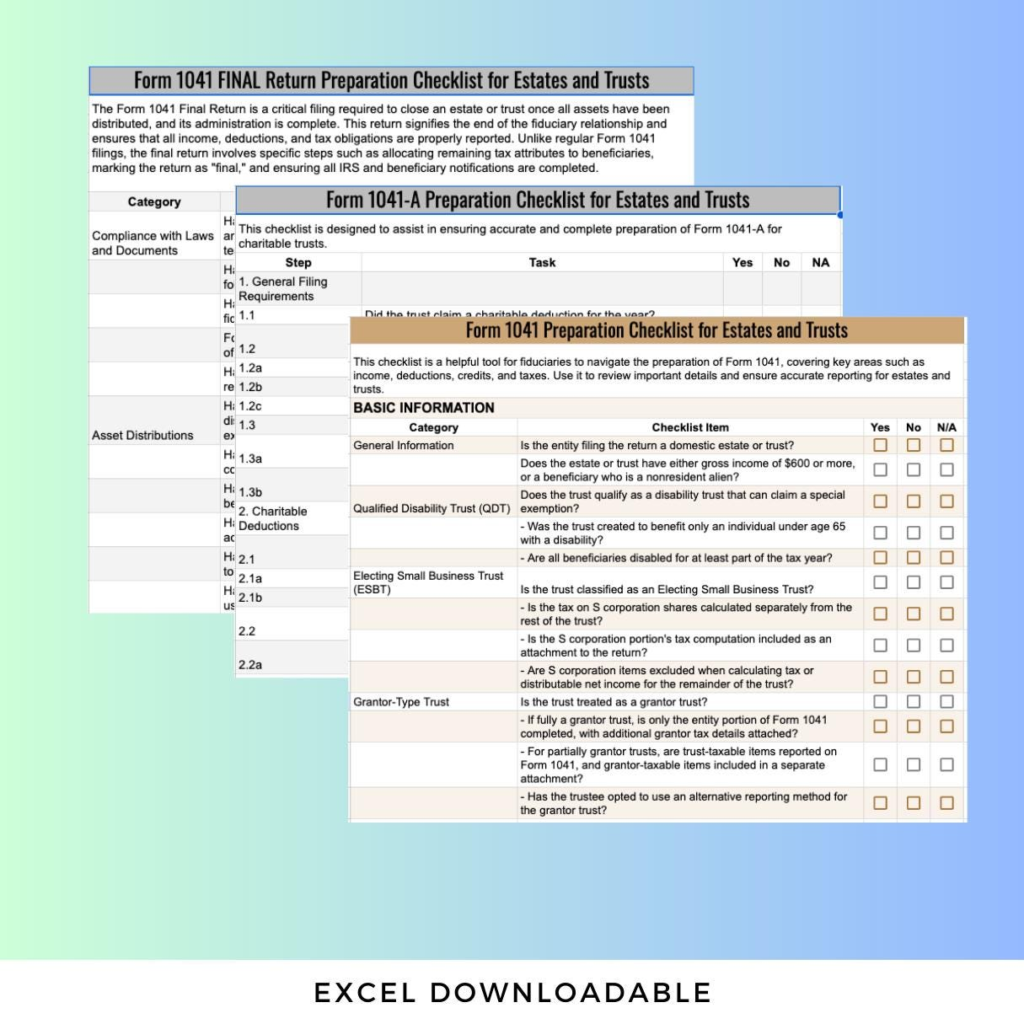 Tax Prep Checklist BUNDLE: 1041, 1041 Final Return, 1041-A