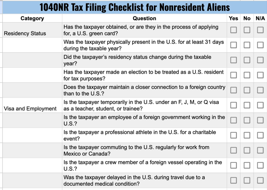1040NR Tax Filing Checklist for Nonresident Aliens