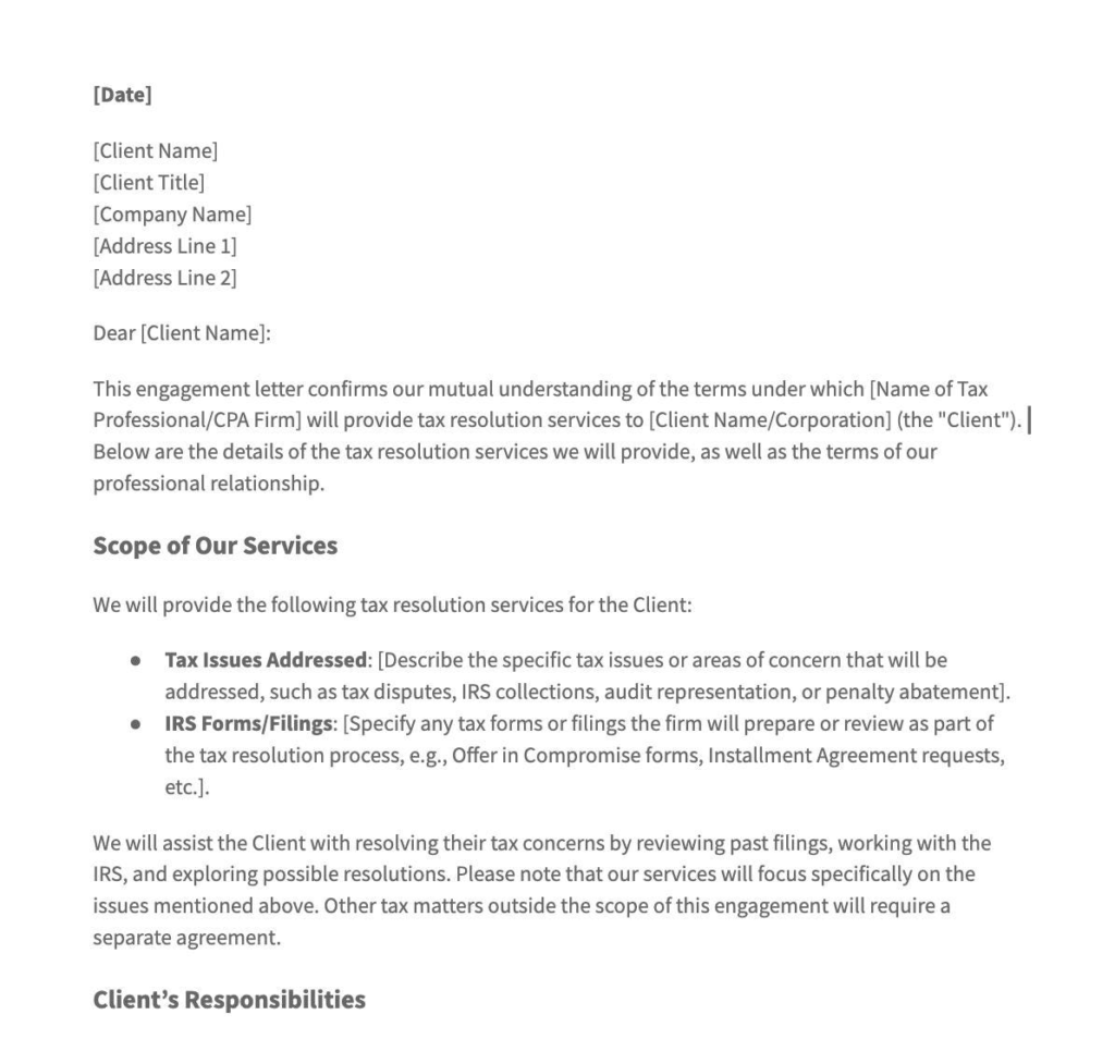Tax Resolution Engagement Letter Template