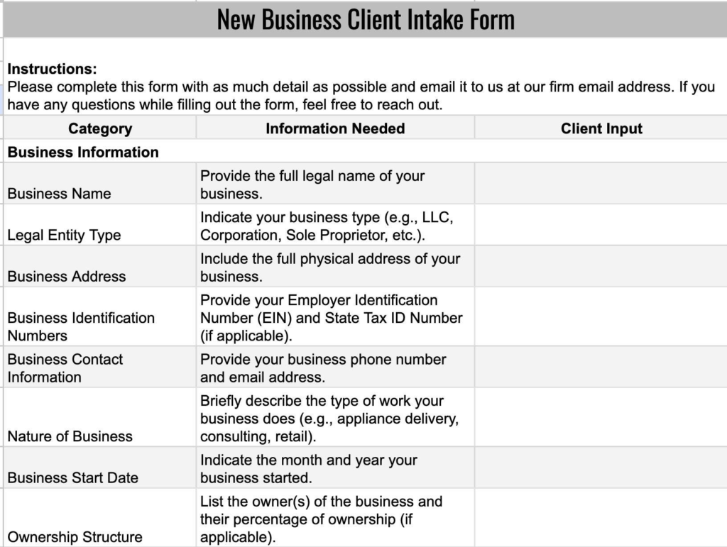 New Business Client Intake Form - Excel Template | Organized Business Tax & Accounting Setup