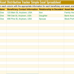 Beneficiary Asset Distribution Tracker Simple Excel Spreadsheet