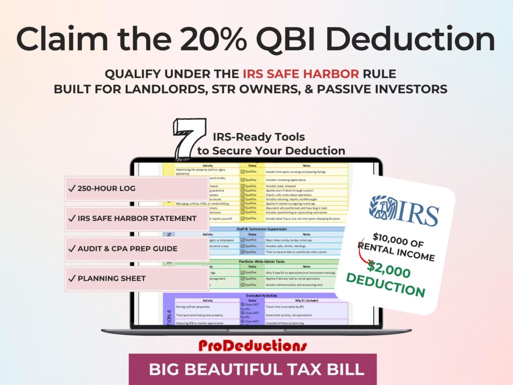 QBI Deduction Big Beautiful Bill Real Estate Tracker Landlords 250 Hour Safe Harbor IRS Statement Templates Tax Log Rental Planning Sheet