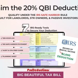 QBI Deduction Big Beautiful Bill Real Estate Tracker Landlords 250 Hour Safe Harbor IRS Statement Templates Tax Log Rental Planning Sheet